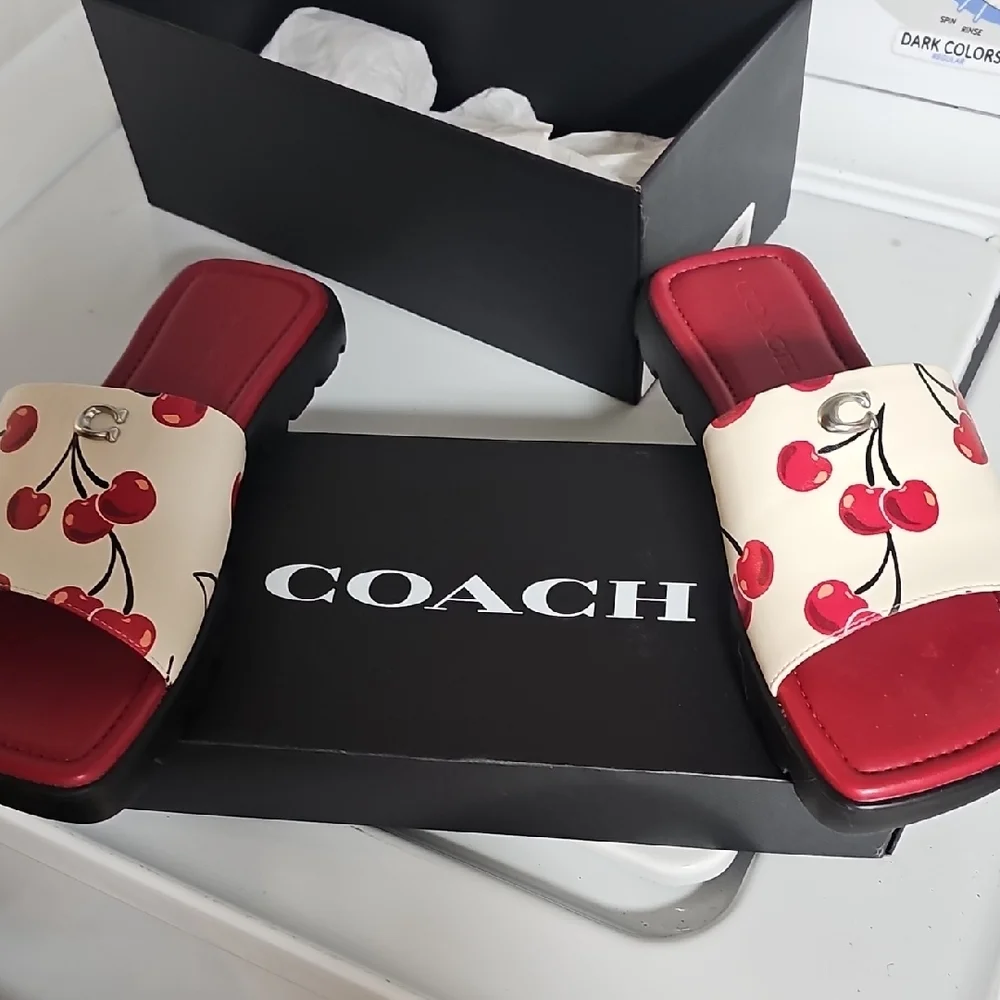 Coach Cherry Print Red and Cream Slide Sandals - Picture 5 of 10